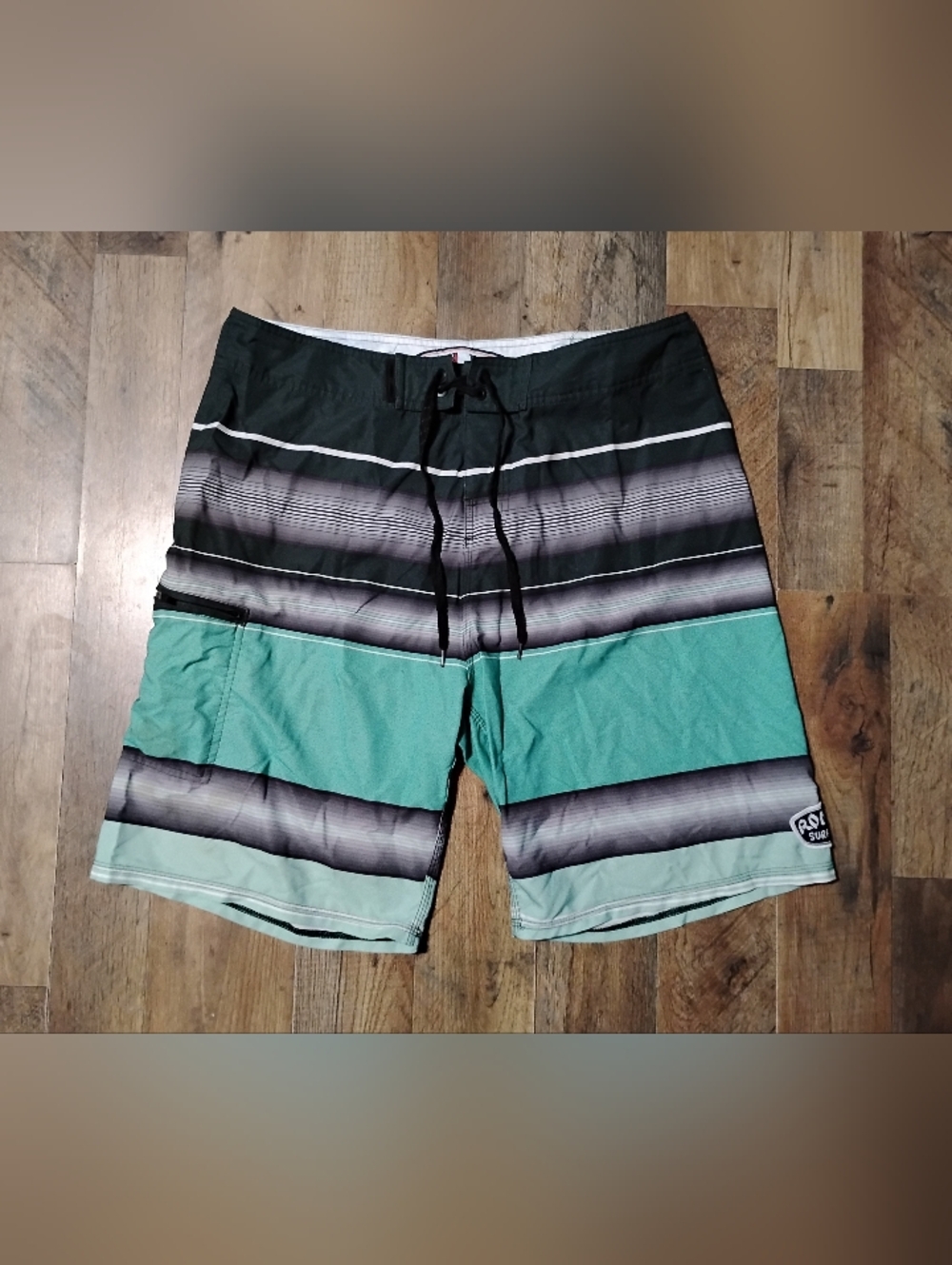 Ron Jon Black and Teal Striped Men's Board Shorts Men's Size: 33